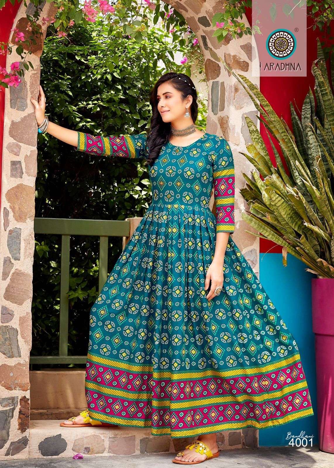 BANDHANI VOL 4 RAYON BANDHANI PRINT EMBROIDERY WORK LIVA TAG LONG GOWN KURTI BY ARADHNA BRAND 4001